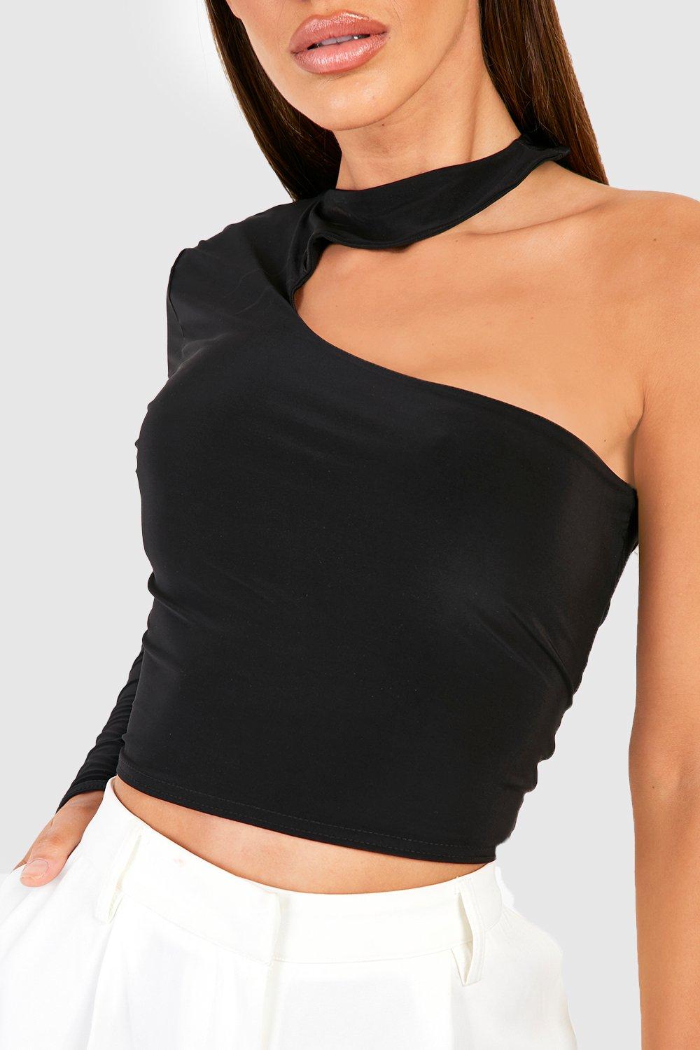 Black one shoulder best sale crop top long sleeve