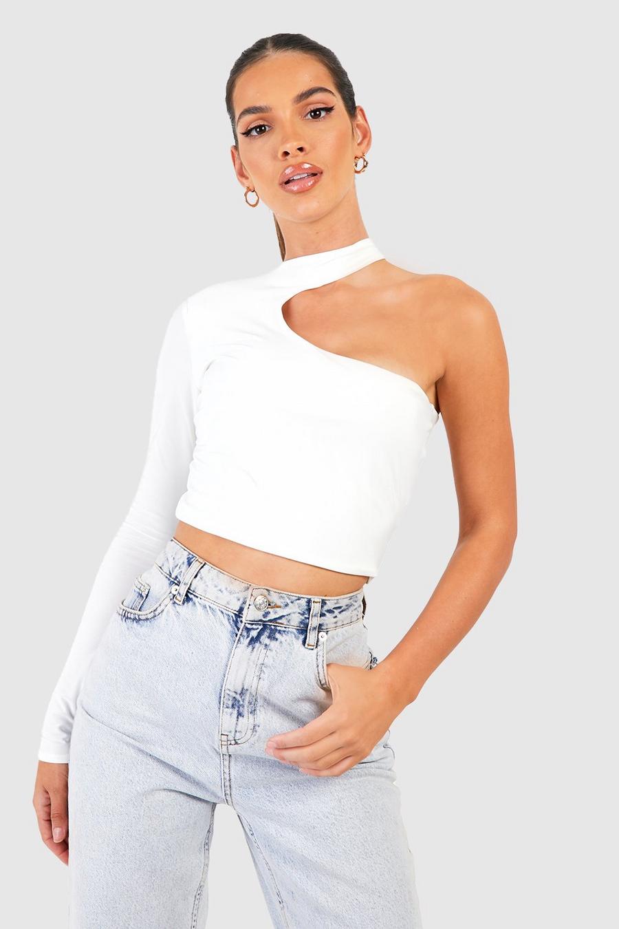 White Asymmetric One Shoulder Double Layer Slinky Crop Top  image number 1
