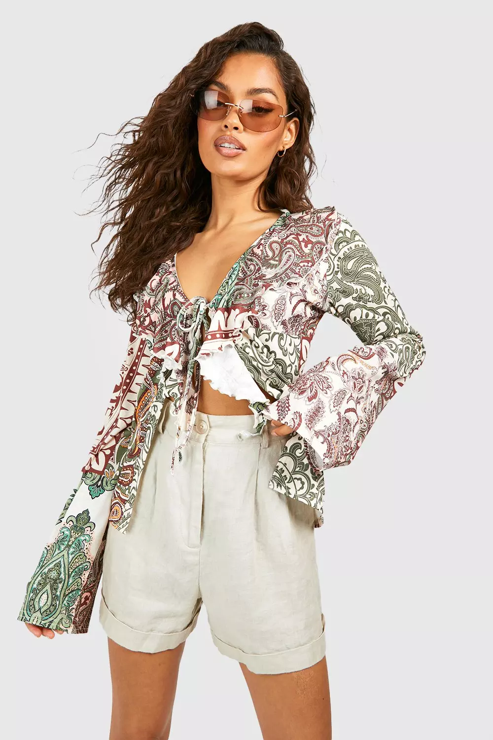 Boho Printed Ruffle Tie Front Top alternative image