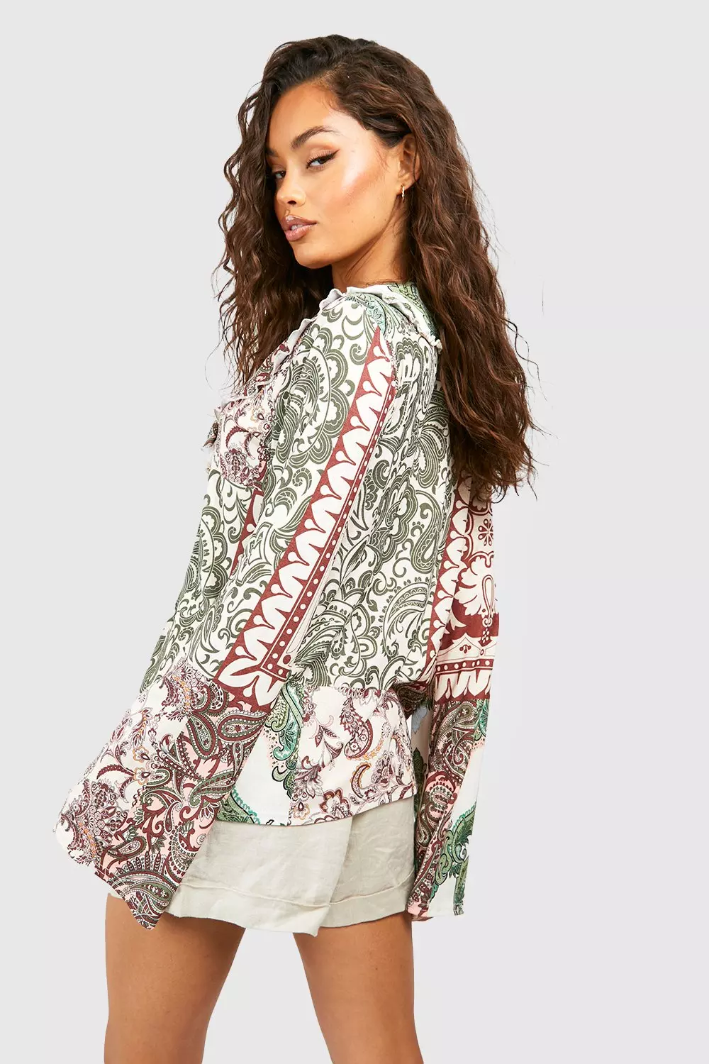 Boho Printed Ruffle Tie Front Top alternative image