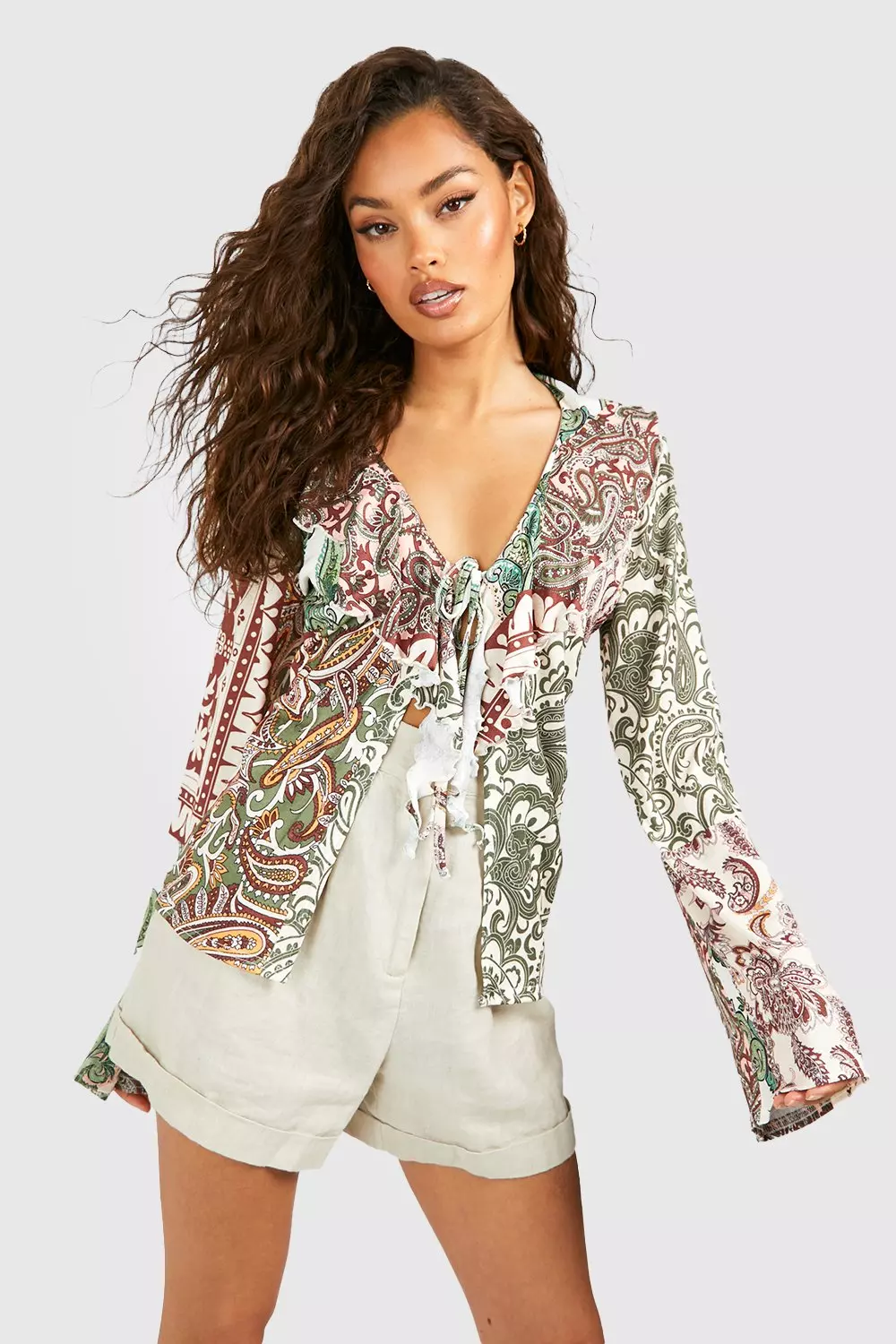 Boho Printed Ruffle Tie Front Top alternative image