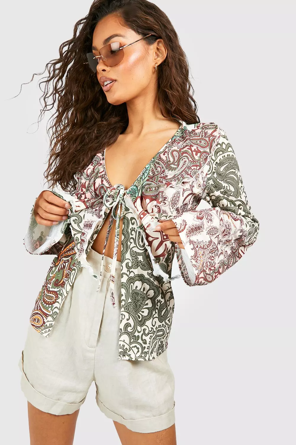 Boho Printed Ruffle Tie Front Top alternative image