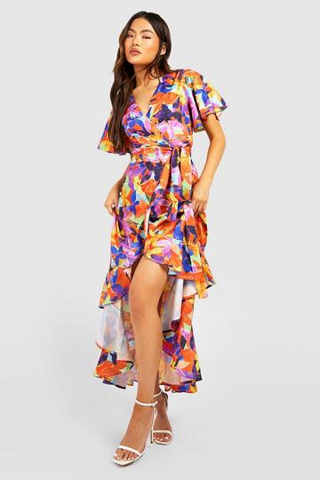 Orange Floral Angel Sleeve Wrap Maxi Dress