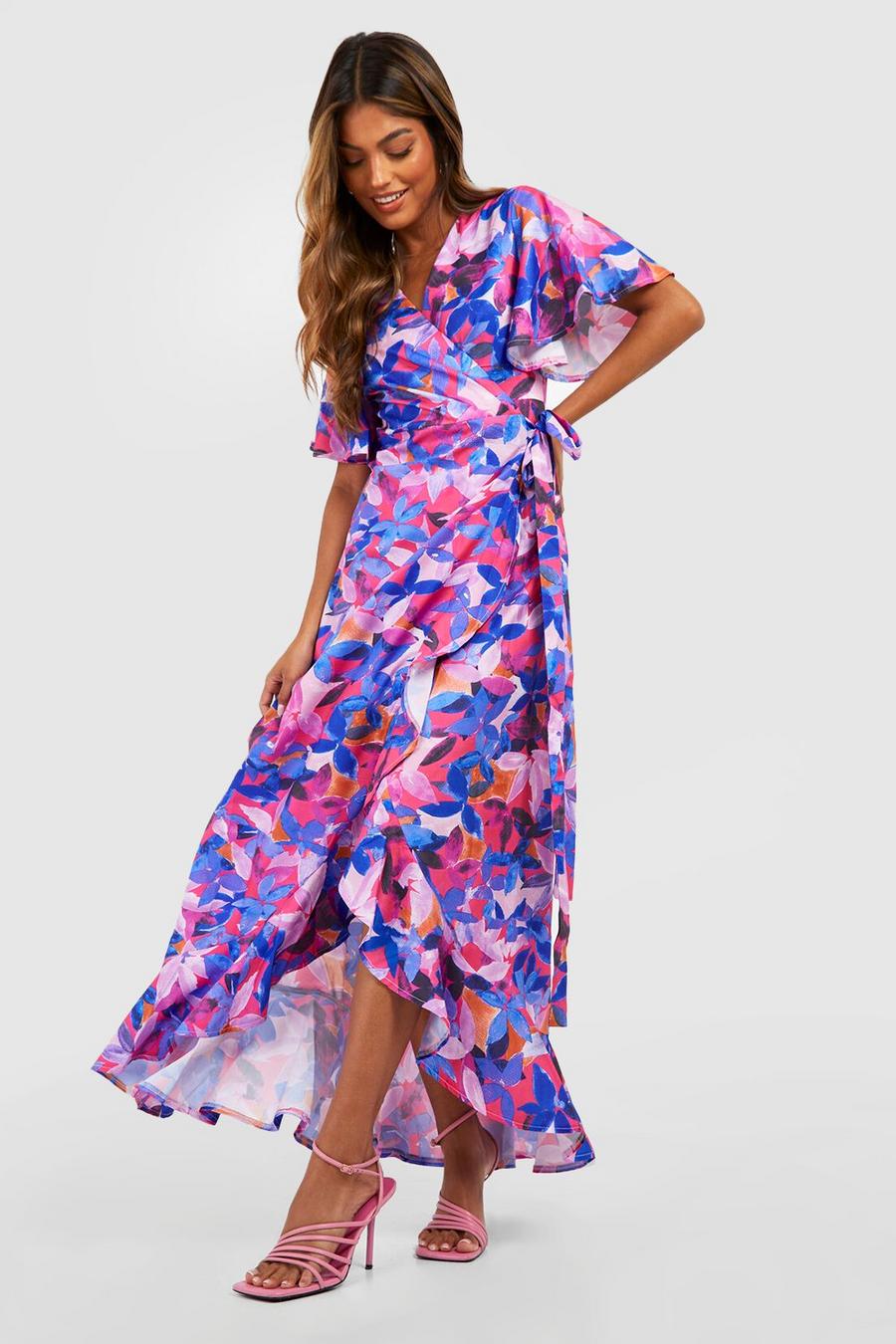 Pink Floral Angel Sleeve Wrap Maxi Dress image number 1