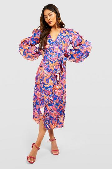 Blue Paisley Ruffle Wrap Midi Dress