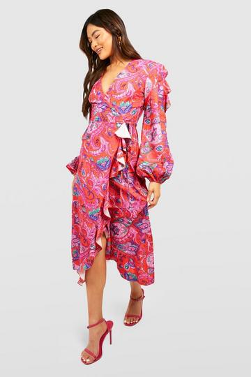 Paisley Ruffle Wrap Midaxi Dress red