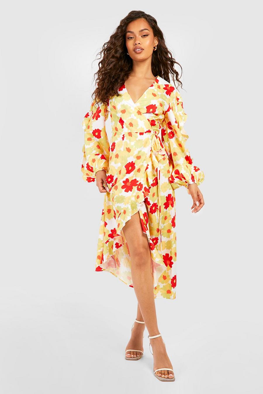 Yellow Floral Ruffle Wrap Midaxi Dress image number 1