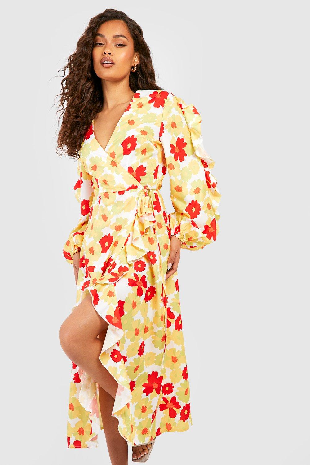 Boohoo ruffle wrap outlet midi dress in floral