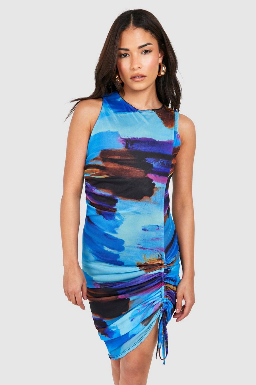Dark Teal Abstract Mesh Strappy Bodycon Dress