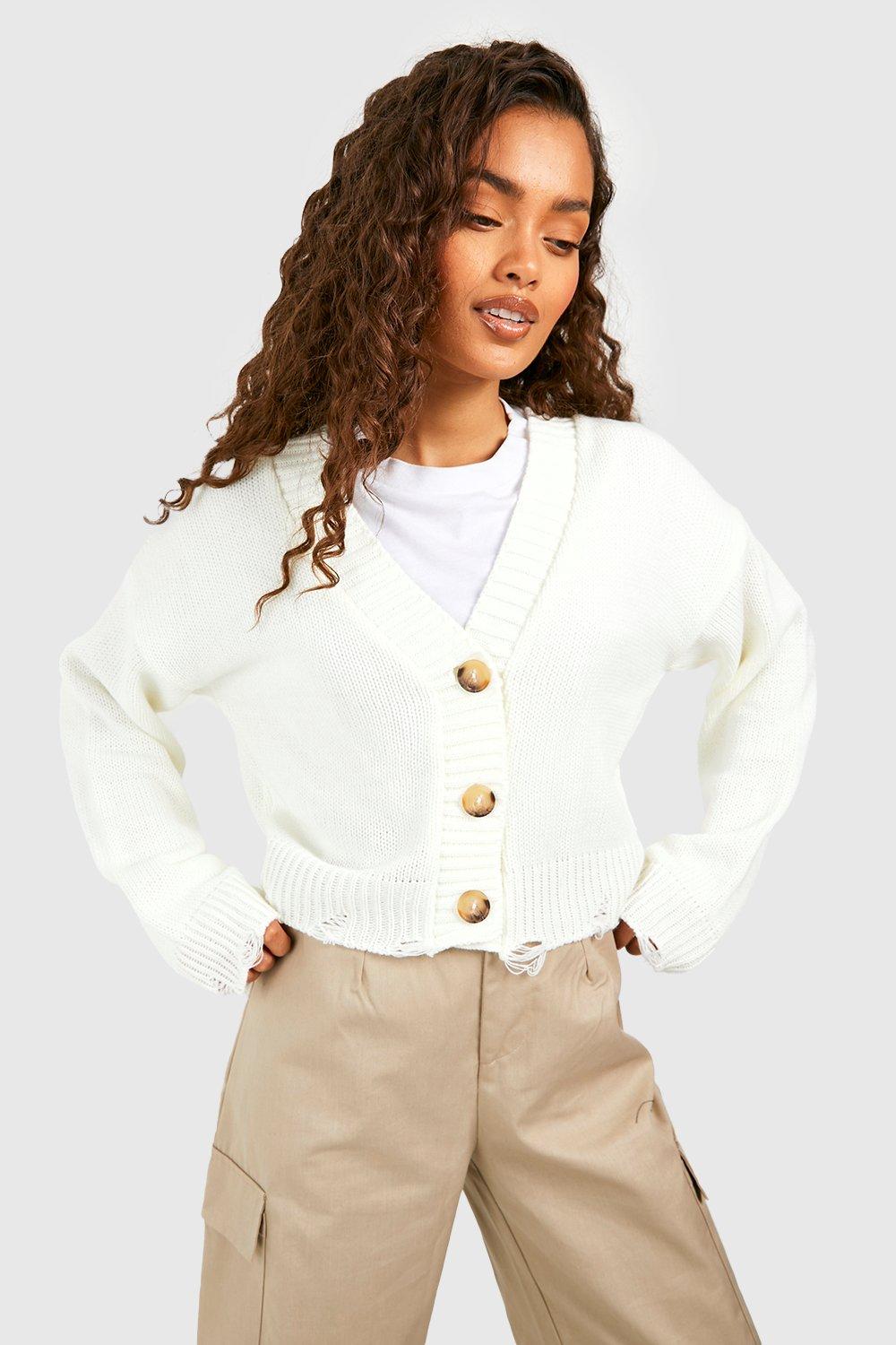 boohoo Chunky Knit Cropped Cardigan - White - Size M