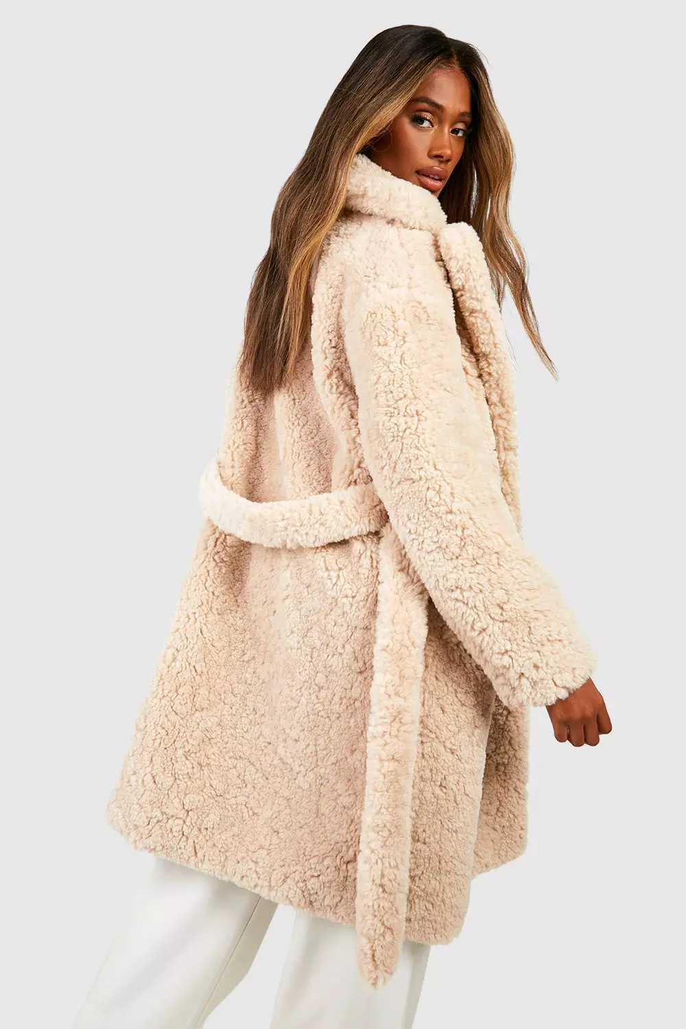 Sand Textured Belted Faux Fur Coat  alternative image