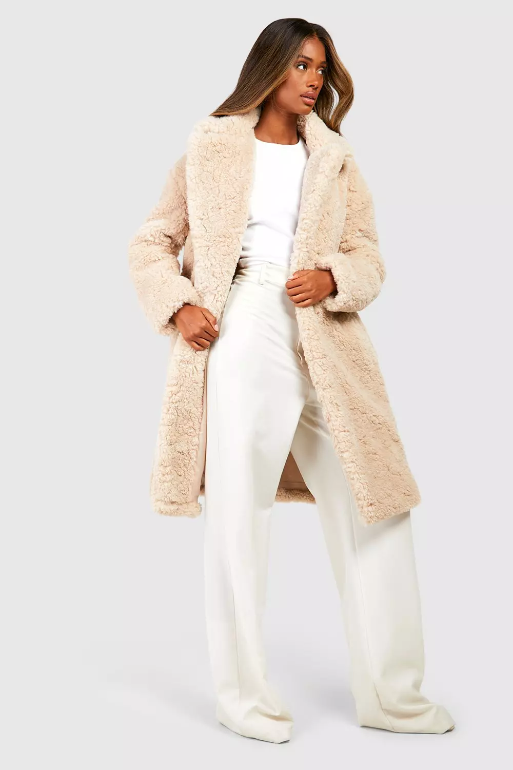 Sand Textured Belted Faux Fur Coat  alternative image