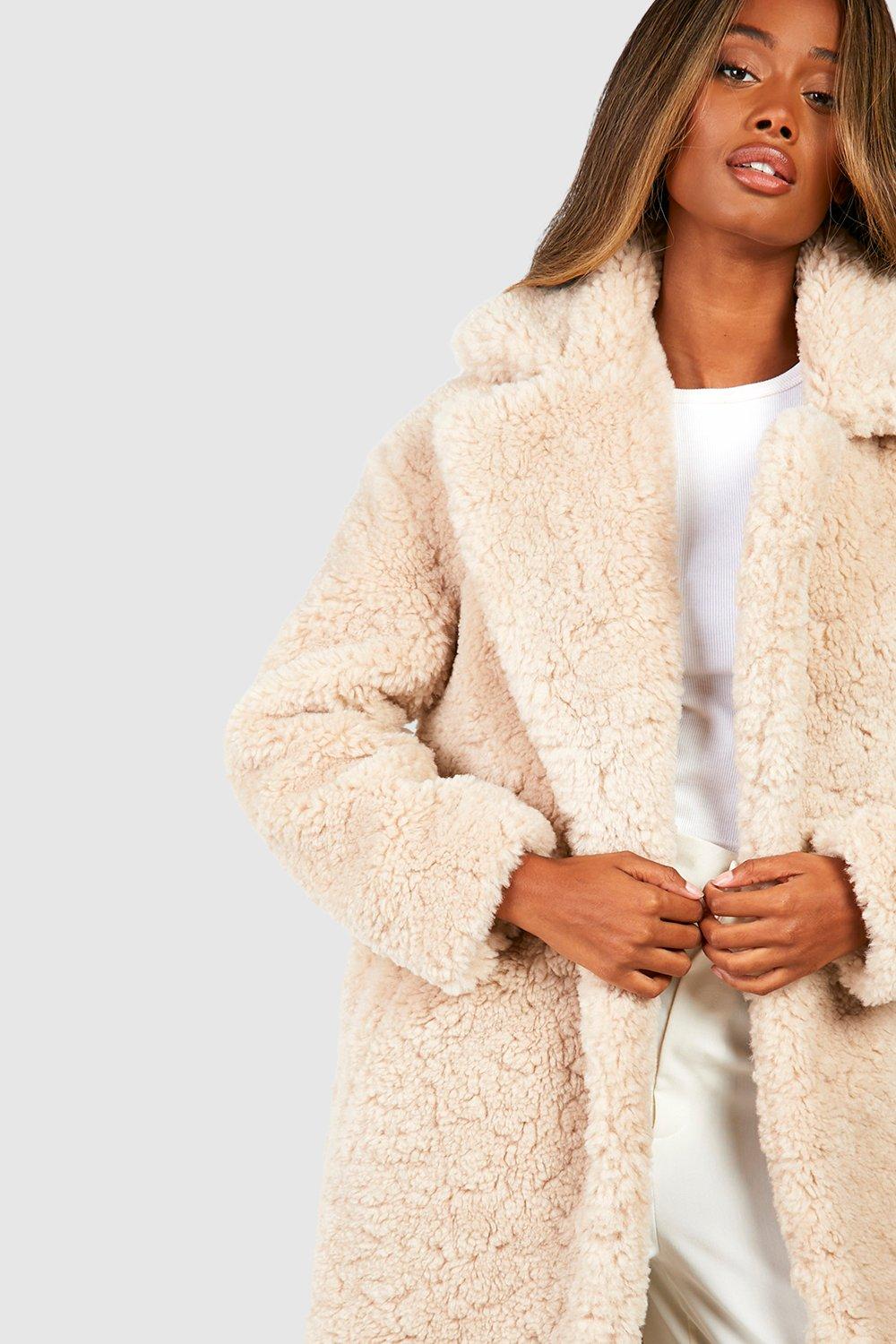 Textured Belted Faux Fur Coat