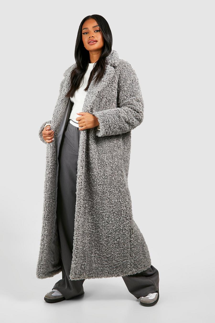 Silver grey Textured Maxi Fur Coat 