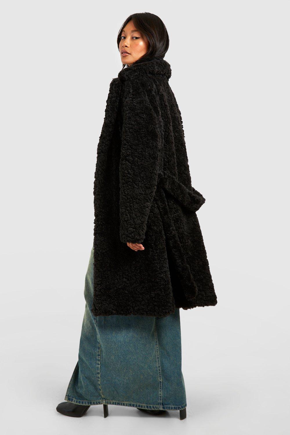Textured Belted Faux Fur Coat