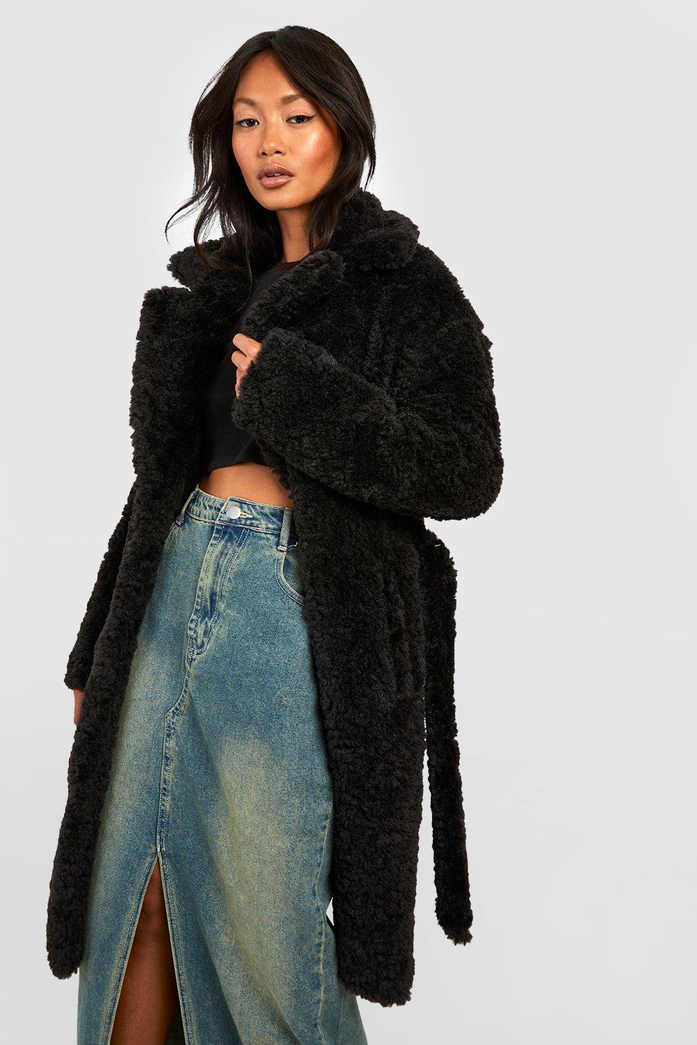 Black fur coat clearance boohoo