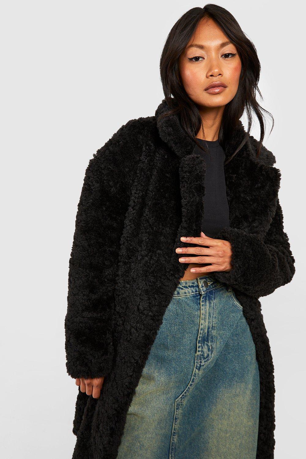 Belted Faux Fur Hooded Coat Black