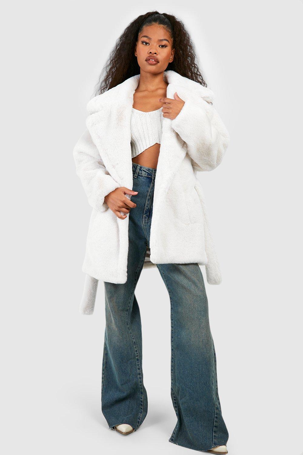 Buy Boohoo Short Belted Faux Fur Coat In White