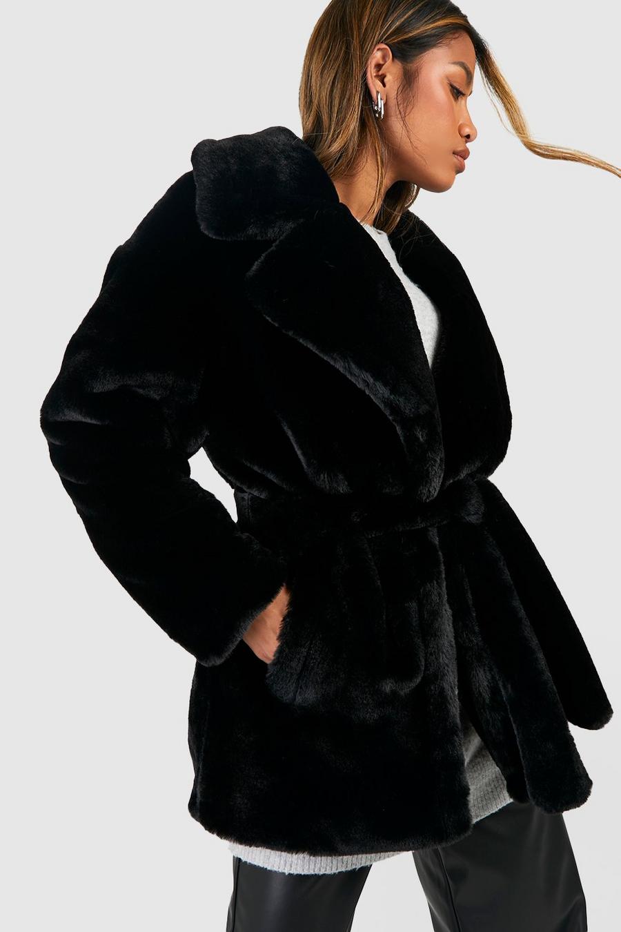 Black svart Short Belted Faux Fur Coat  