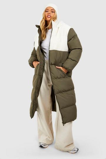 Teddy Panelled Longline Puffer Jacket khaki