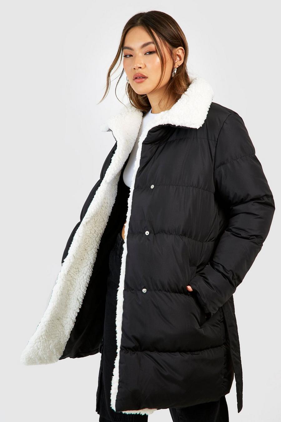 Teddy Trim Wrap Belted Puffer Jacket image number 1