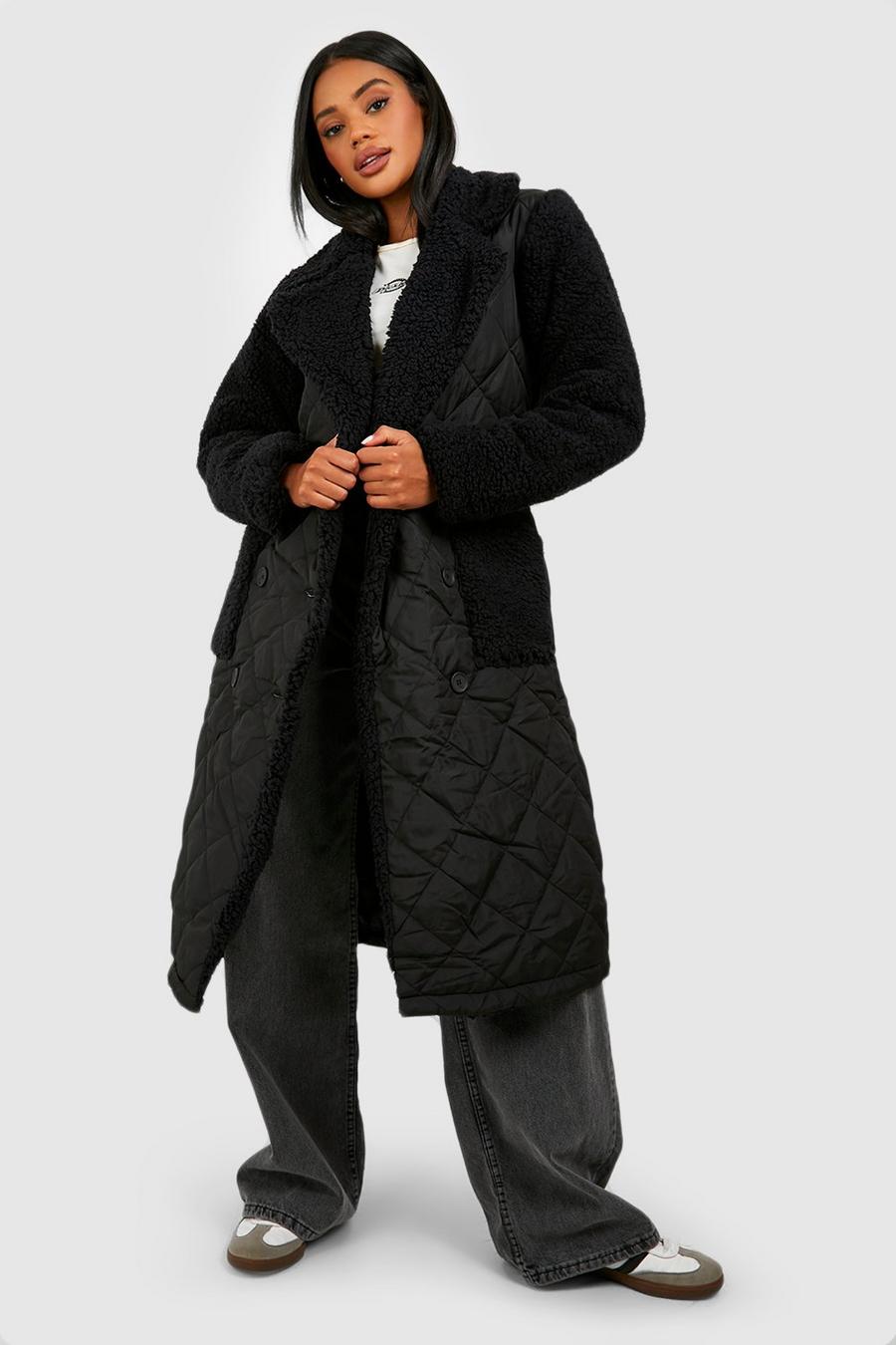 Cappotto Trench trapuntato con pannelli in pelliccia sintetica morbida, Black
