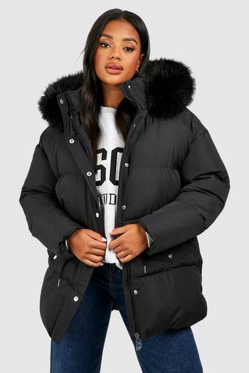 Black Faux Fur Trim Parka