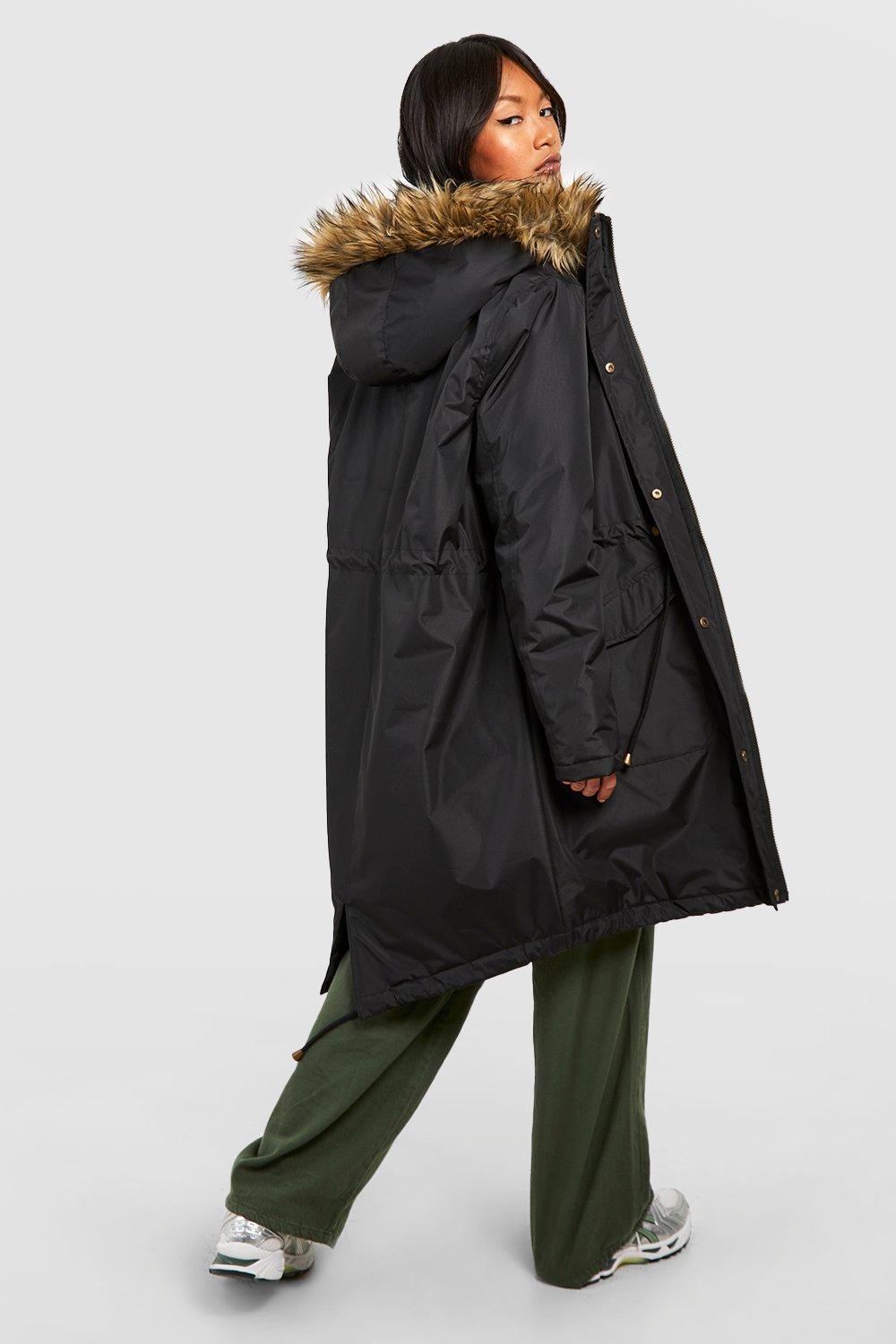 Black faux fur 2025 trim longline parka