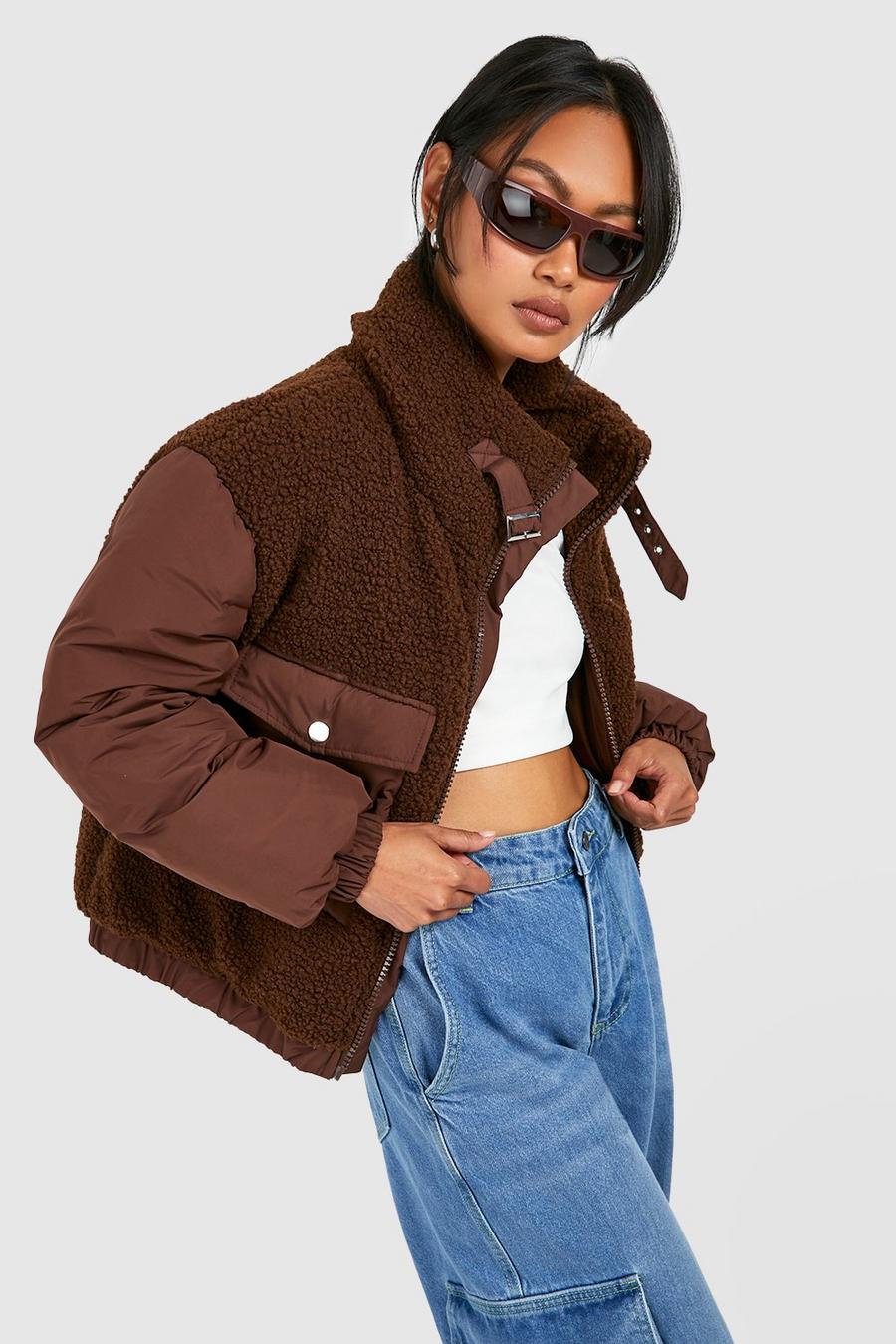 Chocolate Teddy Detail Utility Pocket Puffer Jacket  image number 1