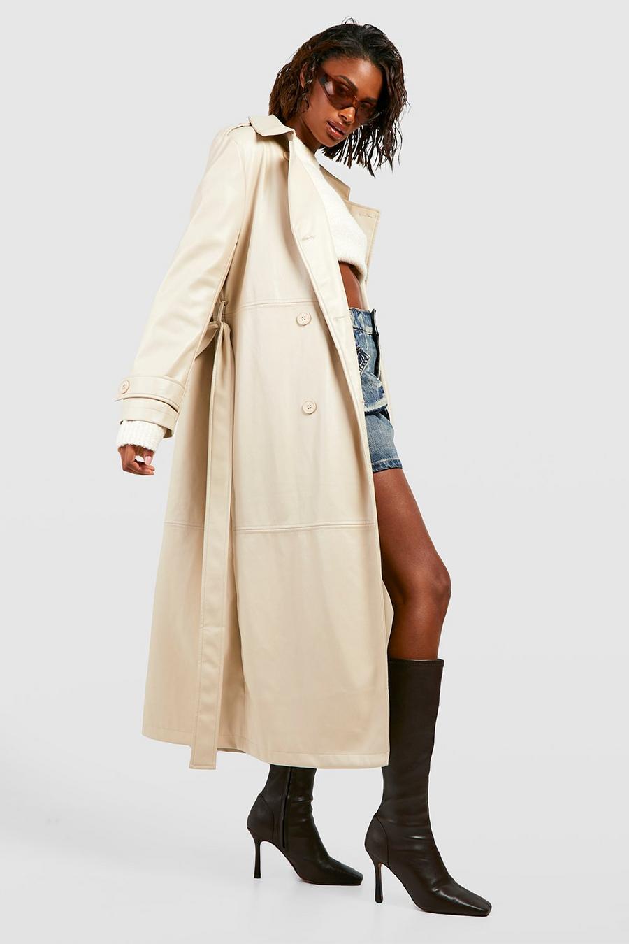 Ecru weiß Belted Faux Leather Trench Coat 