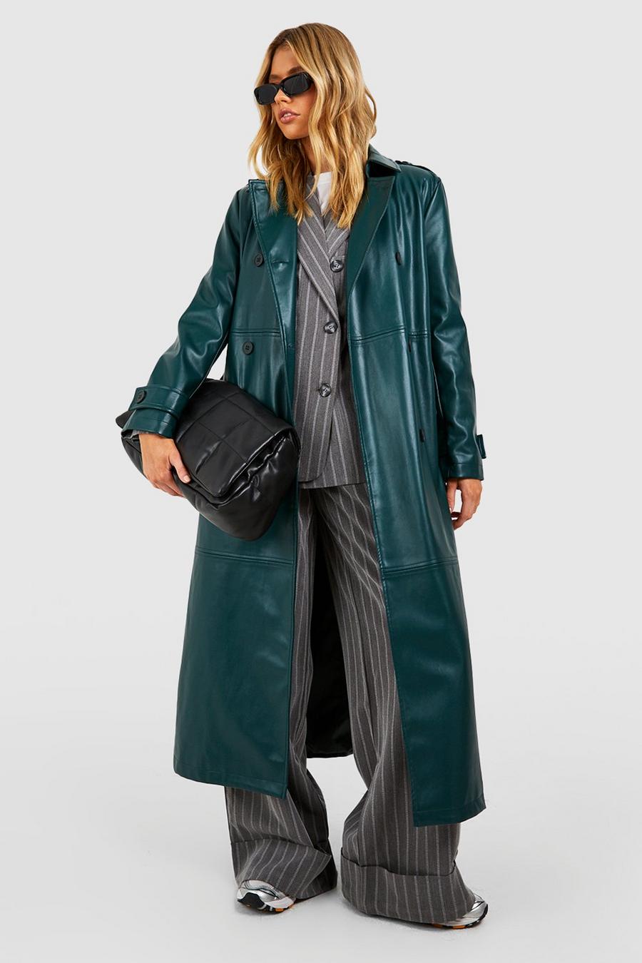 Cappotto Trench in pelle sintetica con cintura, Teal image number 1