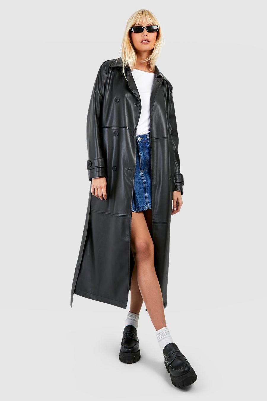 Black Belted Faux Leather Trench Coat  image number 1