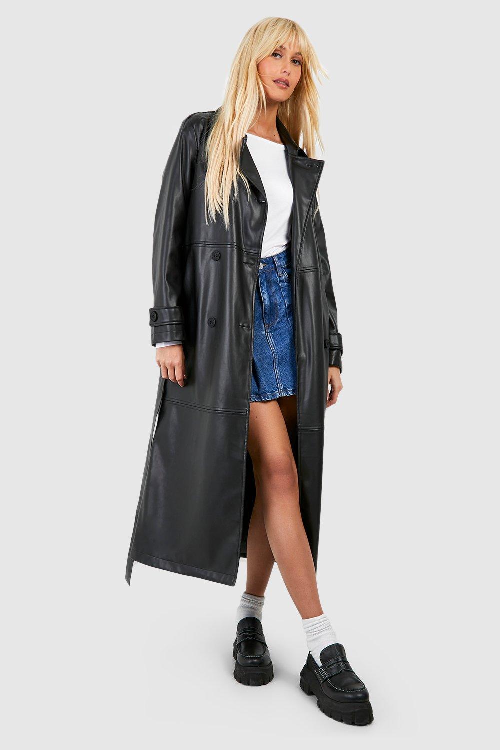 Belted Faux Leather Trench Coat boohoo