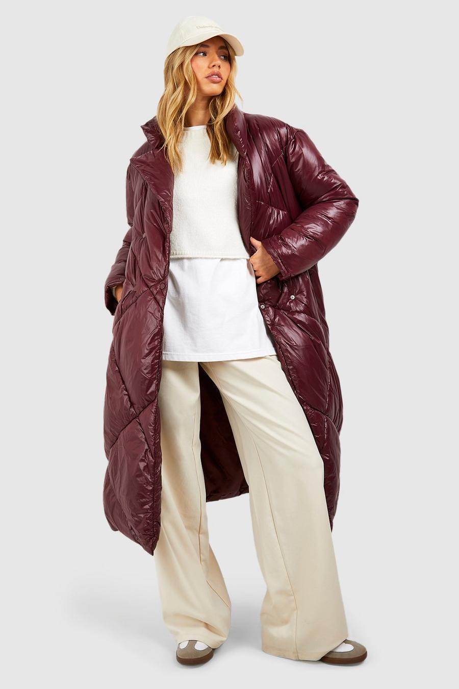 Wine Diamond Quilt Belted Puffer Coat  image number 1