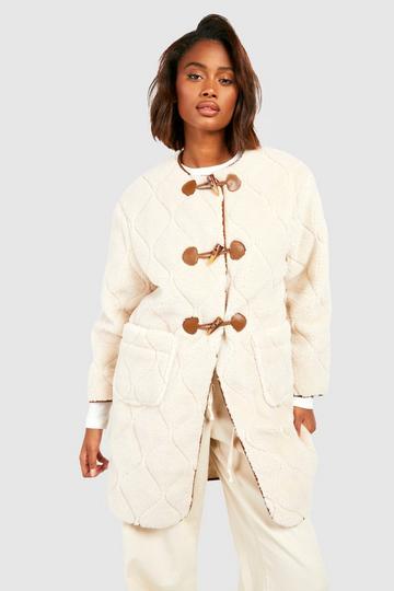 Onion Quilt Faux Fur Teddy Longline Jacket cream