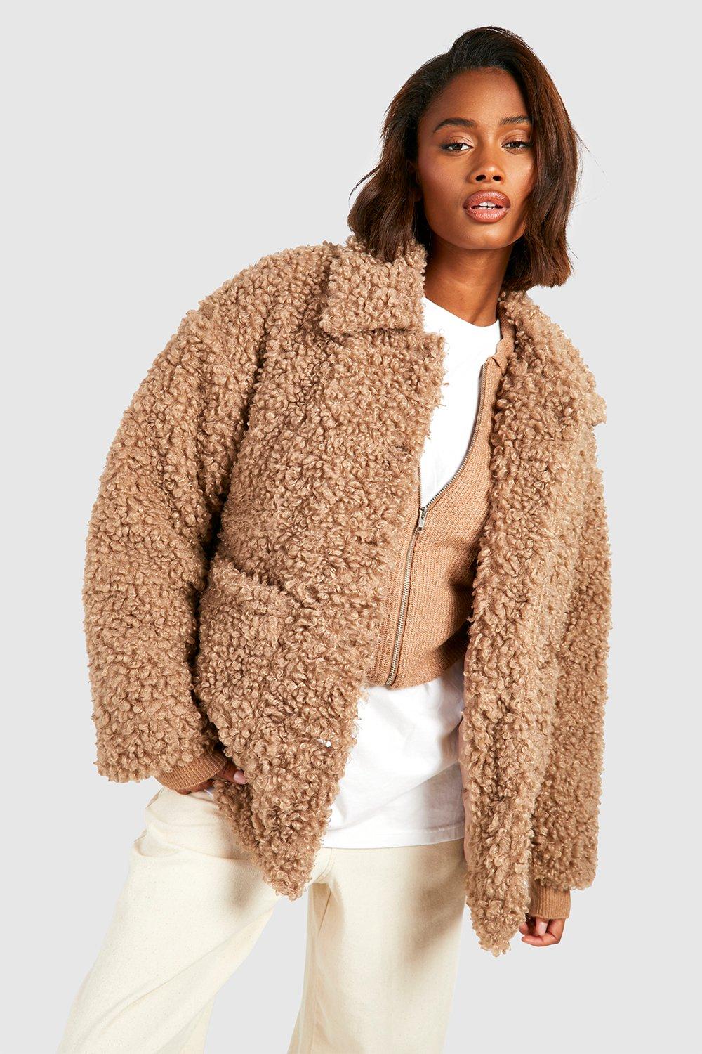 Lucky Brand Faux Fur Women's OverSized Teddy Shacket Button Camel