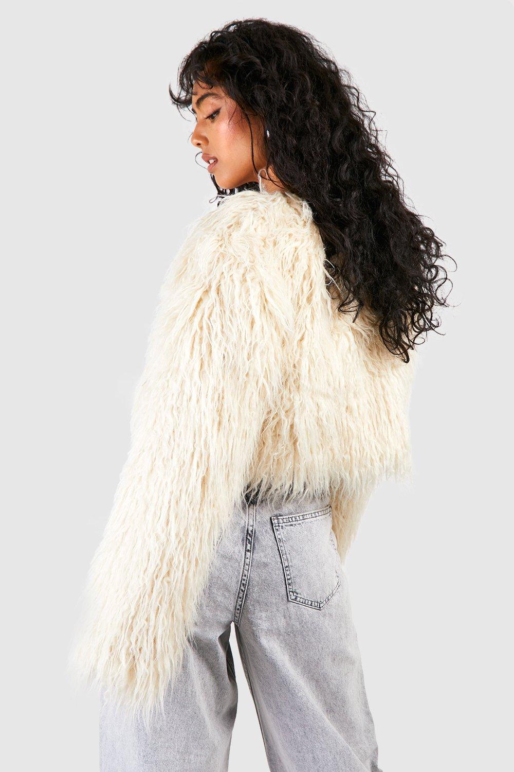 Cream cropped sales fur jacket