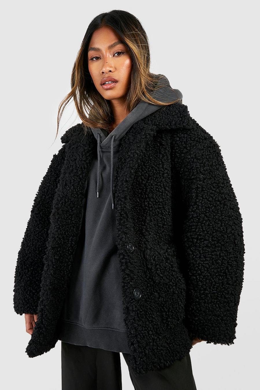 Black Faux Fur Teddy Button Coat 