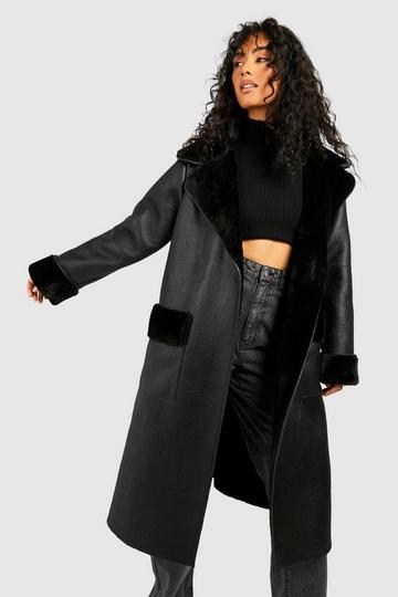 Black Faux Fur Shawl Collar Belted Faux Leather Coat