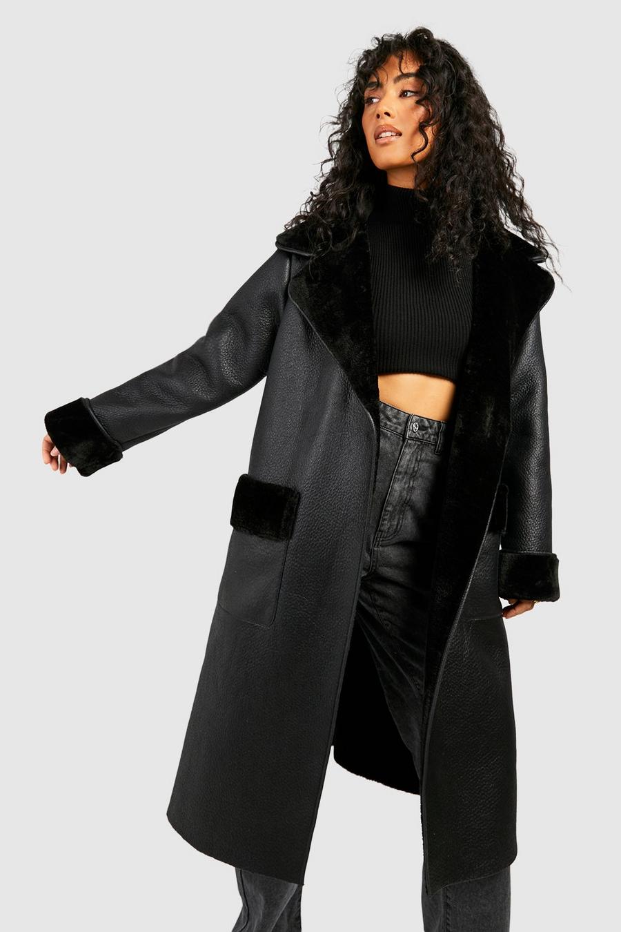 Cappotto in pelle sintetica con colletto sciallato in pelliccia sintetica, cintura, Black