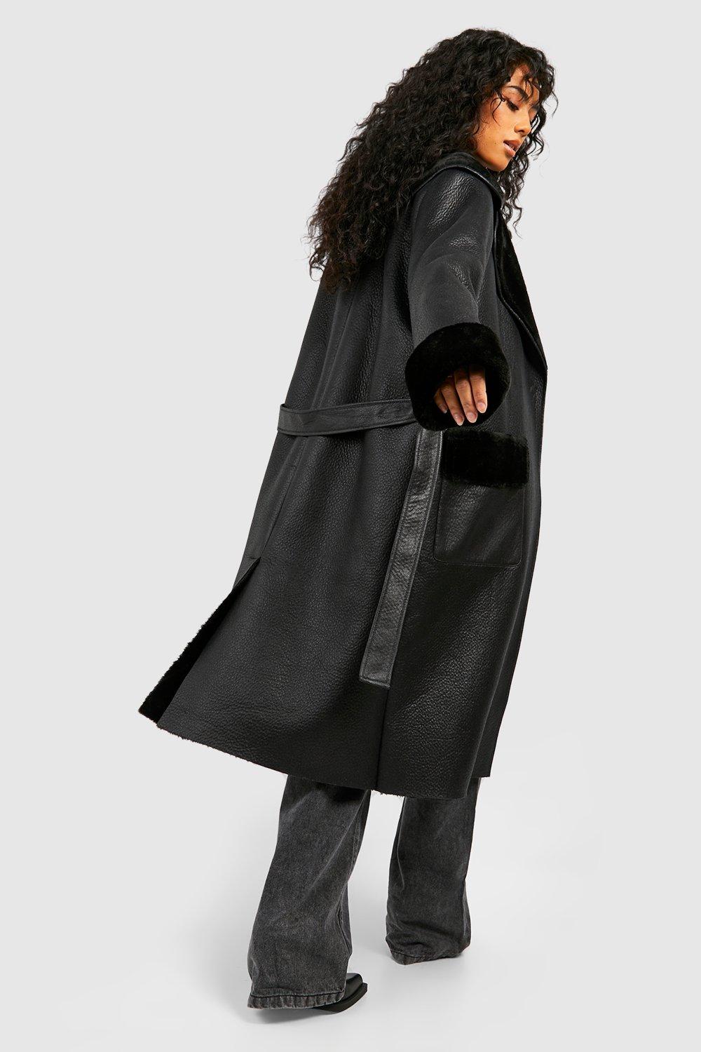 Faux Fur Shawl Collar Belted Faux Leather Coat