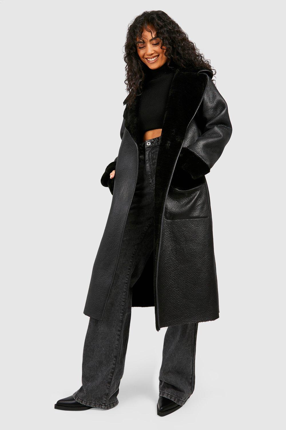 Boohoo Women s Faux Fur Shawl Collar Belted Faux Leather Coat Black