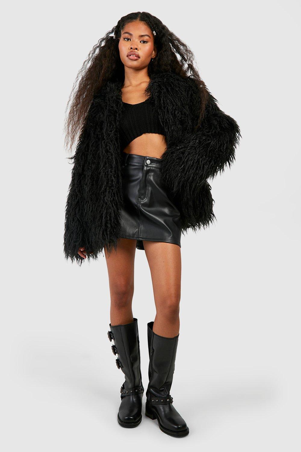 Boohoo black fur coat online