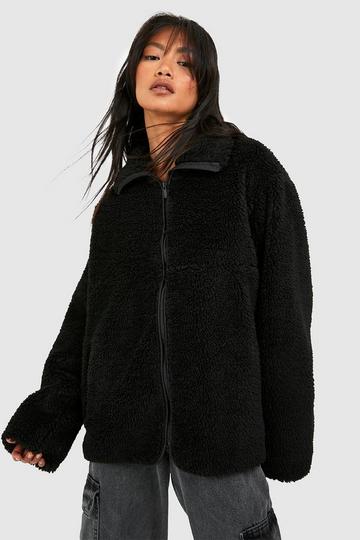 Black Zip Detail Faux Fur Teddy Jacket