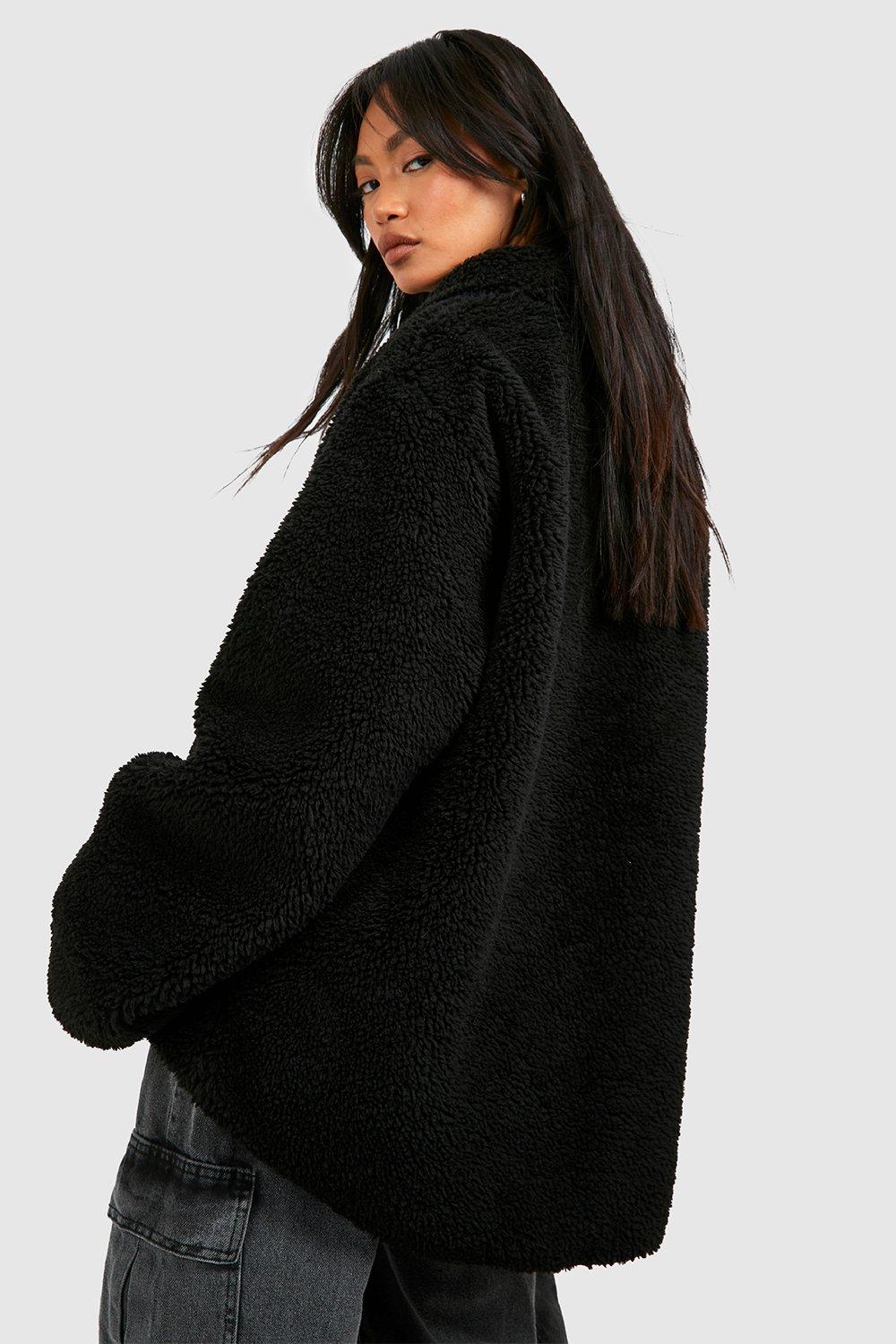 Monki faux fur zip hooded coat in outlet black