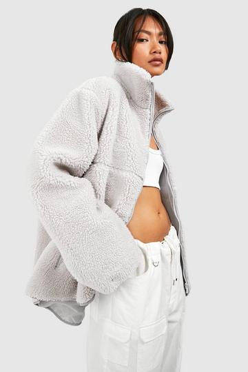 Zip Detail Faux Fur Teddy Jacket grey