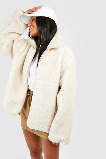 Zip Detail Faux Fur Teddy Jacket beige