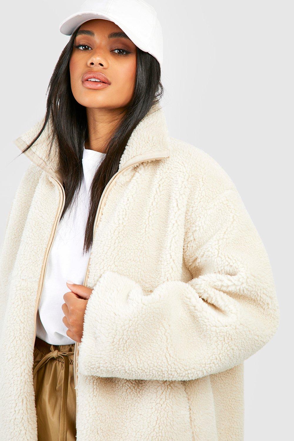 Women s Zip Detail Faux Fur Teddy Jacket Boohoo UK