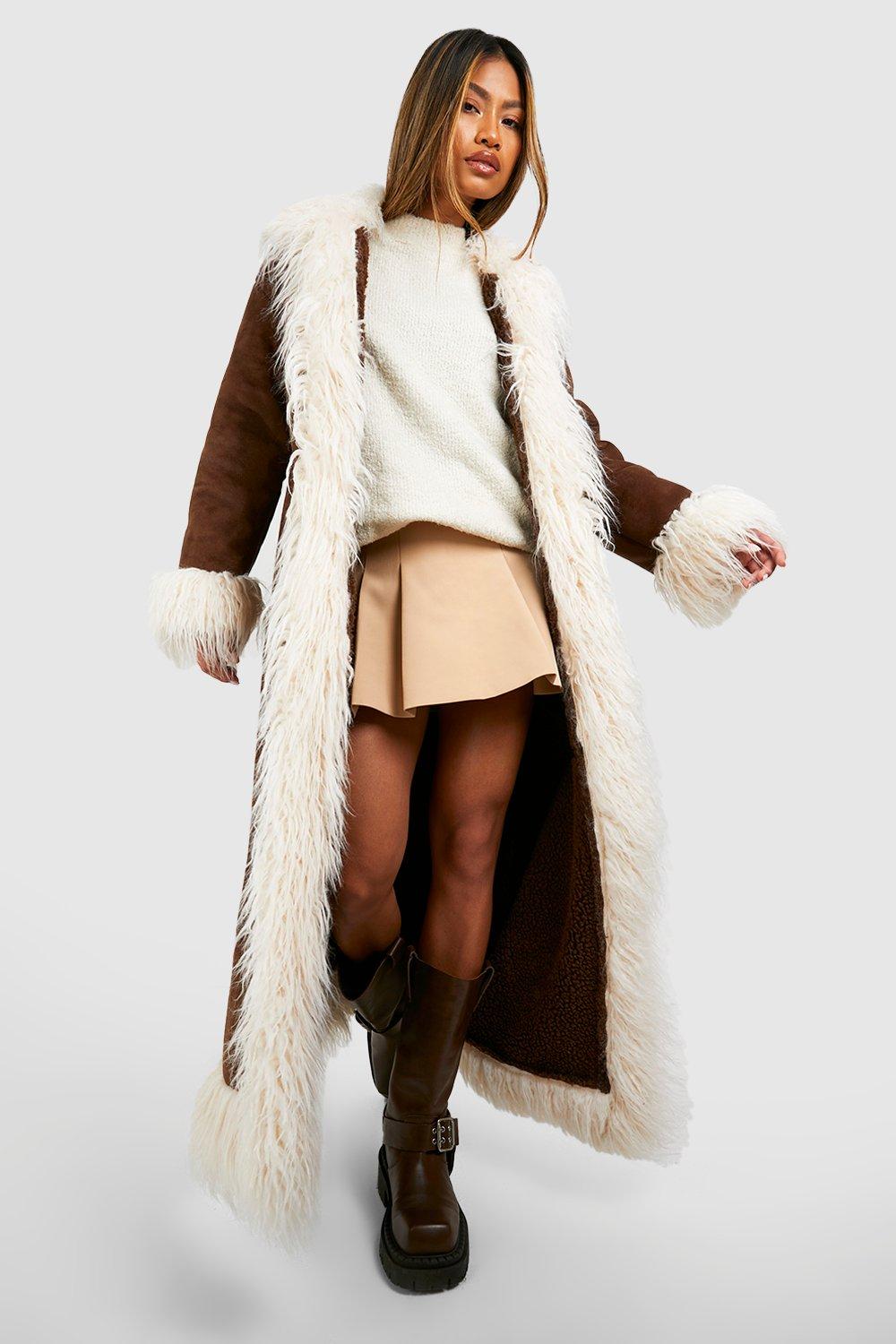 boohoo Faux Fur Trim Suede Look Coat - Brown - Size 12