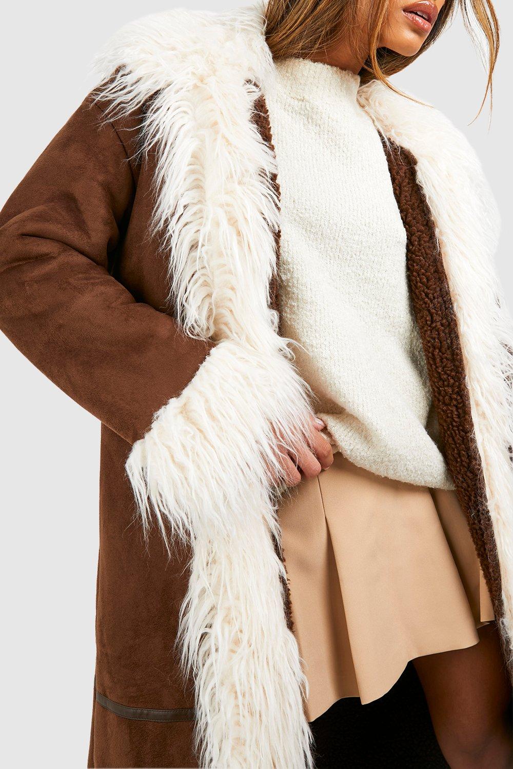 boohoo Faux Fur Trim Suede Look Coat - Brown - Size 12
